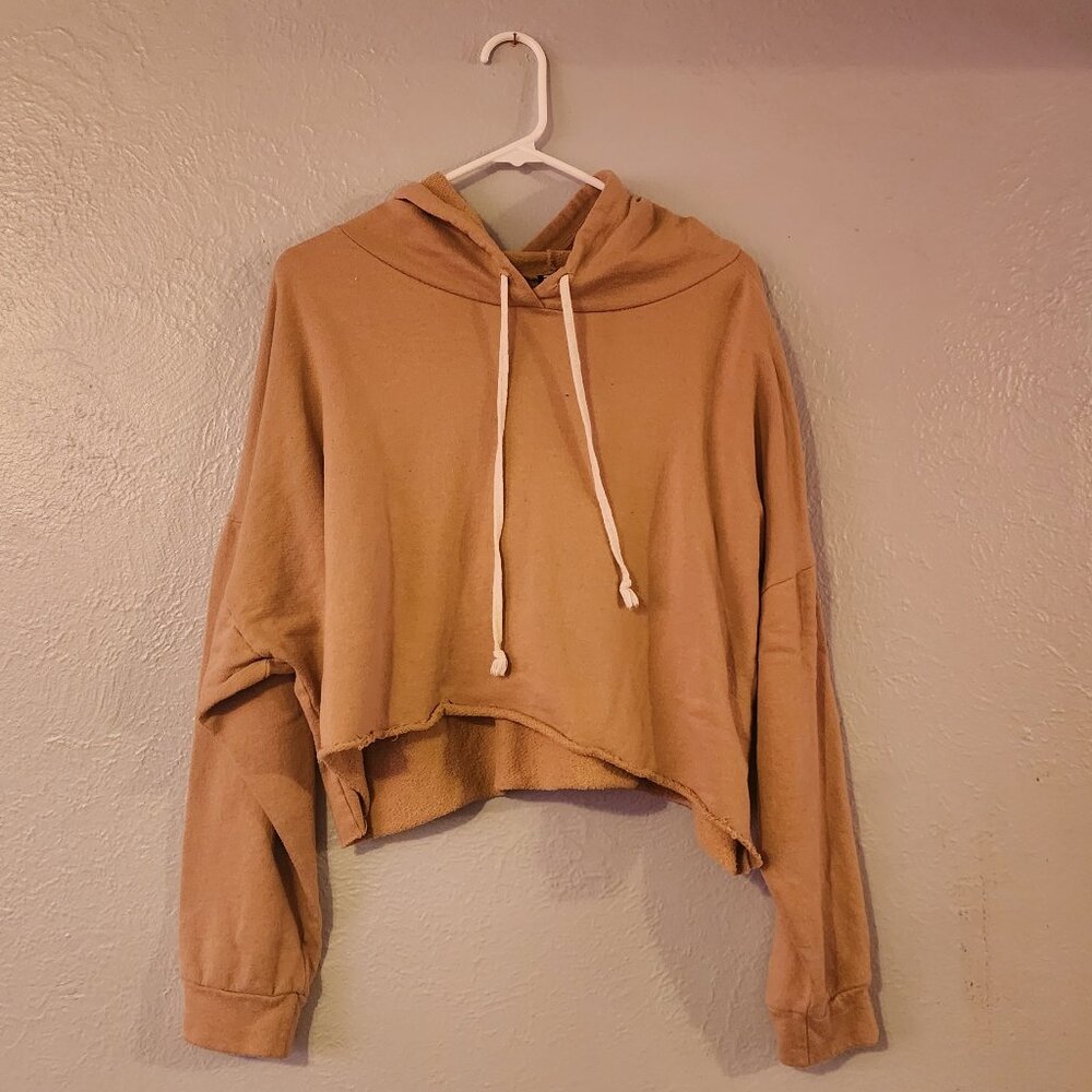 Haute Fox Caramel Cropped Raw Edge Drawstring Hoodie